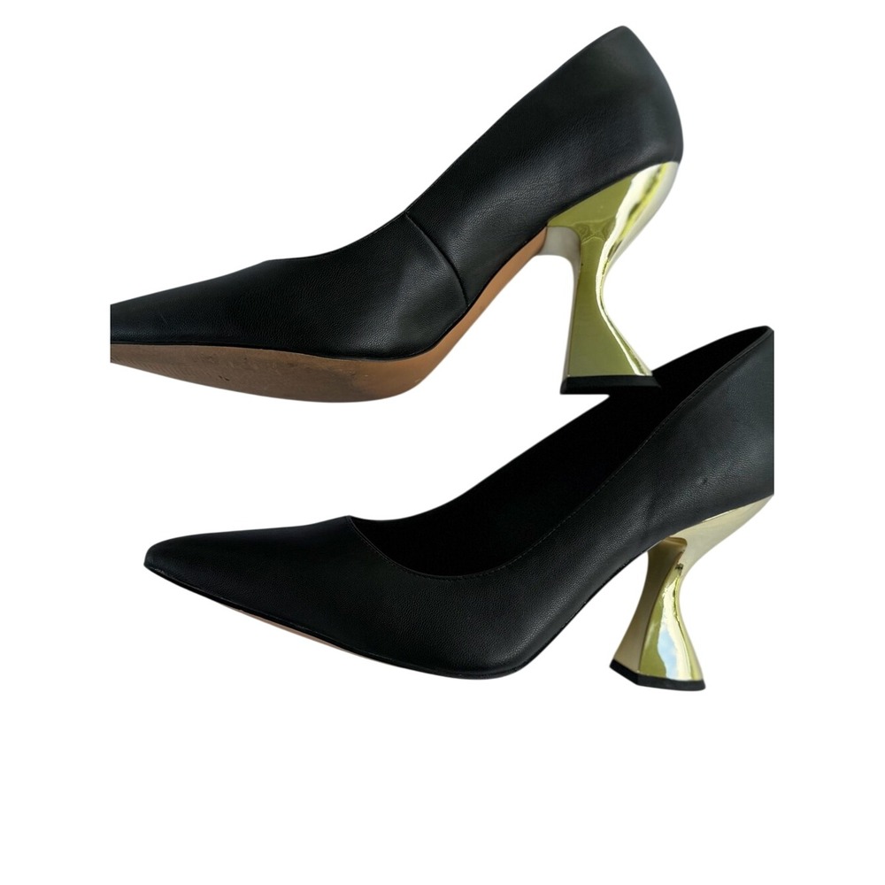 Katy Perry The Laterr Black Leather Pointed Toe Pumps Gold Sculptural Heel